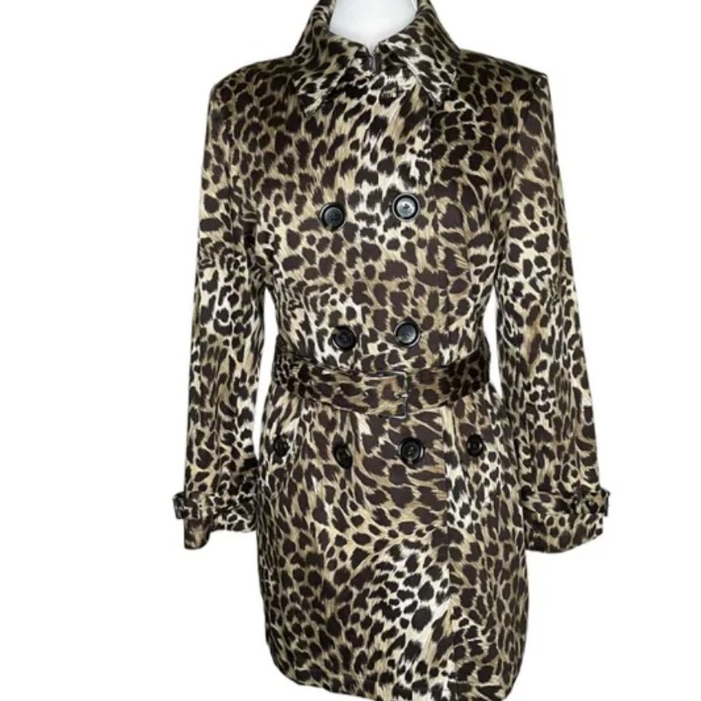 Michael Kors Leopard Print Trench Rain Coat w/Wool removable liner Sz L NEW